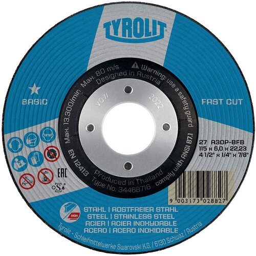 Tyrolit BRUSNA PLOČA BASIC FASTCUT INOX 27 A30P-BFB 115X6X22,23MM Slike