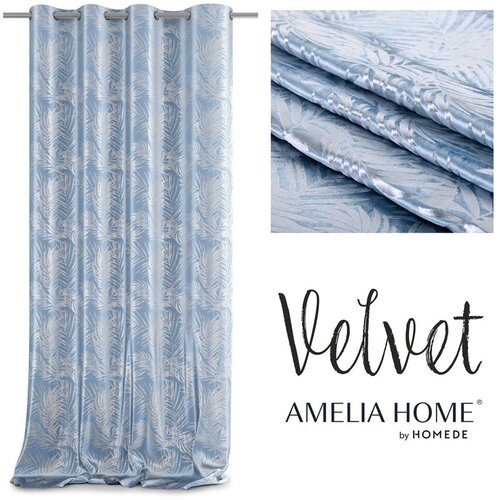  Curtain SILVERLEAVES color blue printed style glamor silver eyelets velvet 140x245 AmeliaHome Slike