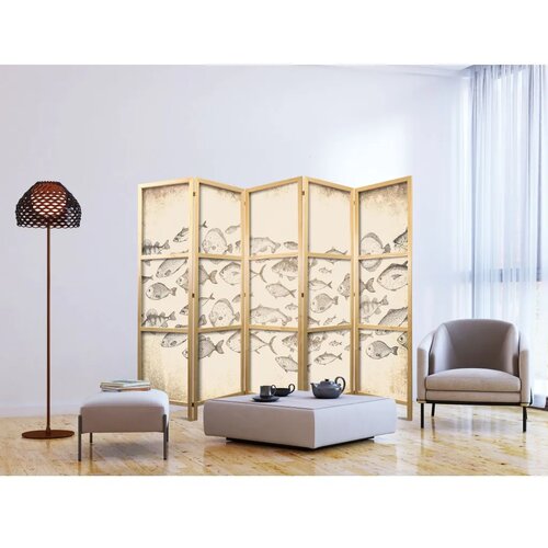  Japanski paravan - Sketch of a School of Fish - Sketches of Various Species of Fish Swimming in a School on a Beige Background i Cijene