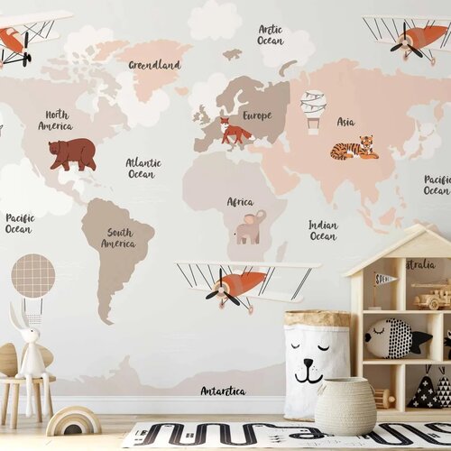  Foto tapeta - Map in Shades of Beige - Continents With Animals 343x256 Samoljepljiva Cene