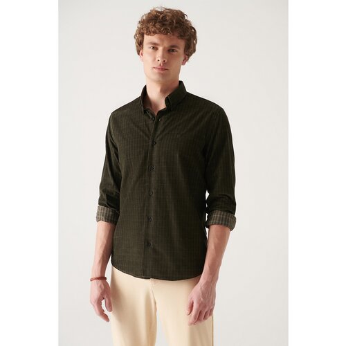 Avva Men's Khaki Velvet Plaid Standard Fit Normal Cut Shirt Slike