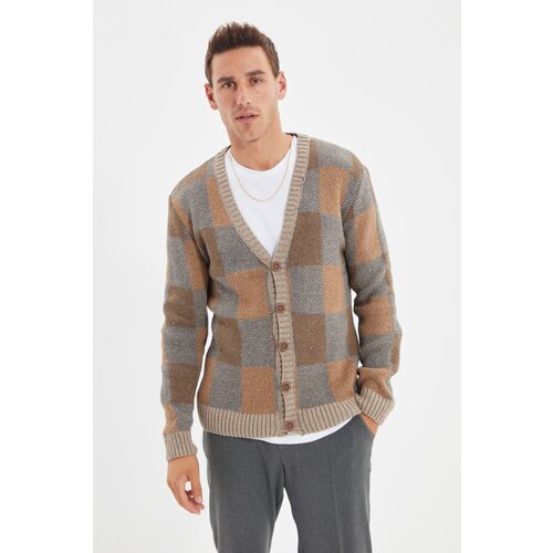Trendyol Mink Men Plaid V Neck Regular Knitwear Cardigan Slike