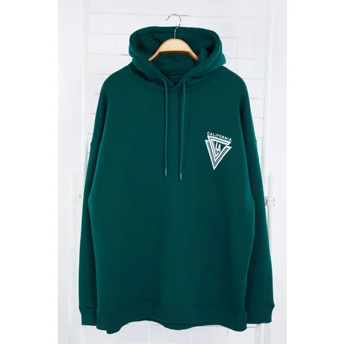 Trendyol Emerald Green Plus Size Oversize/Wide Cut College Printed Sweatshirt with Fleece Inside