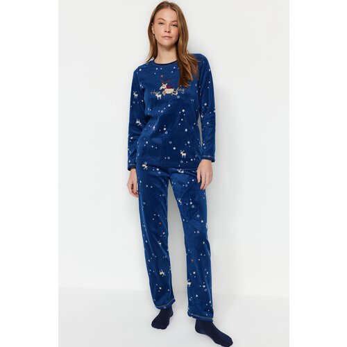 Trendyol Navy Blue Winter Patterned Fleece Tshirt-Pants Knitted Pajamas Set Slike