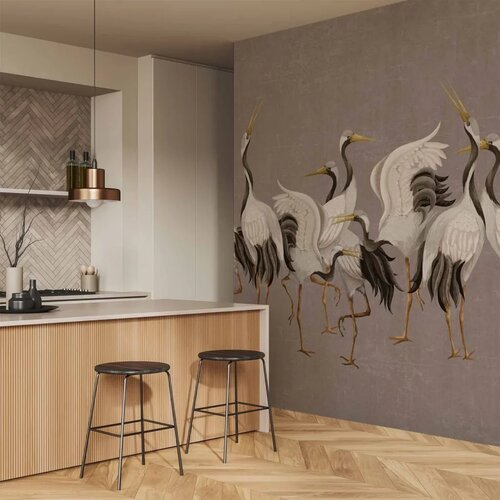  Foto tapeta - Crane dance &amp;ndash; bright silhouettes of birds against a warm grey background with texture 400x280 Vodootporna Slike