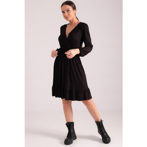 armonika Women's Black Double Breasted Neck Skirt Ruffled Elastic Waist Long Sleeve Dress Slike