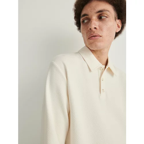 Reserved - Polo-majica dugih rukava od pletiva vafl strukture - krem