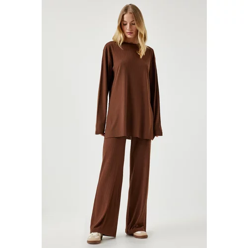 Happiness İstanbul Women's Brown Ribbed Knitted Blouse Pants Suit