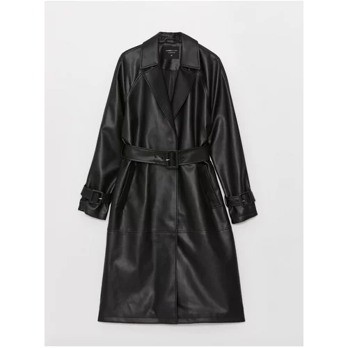LC Waikiki Women's Leather Look Trench Coat with Jacket Collar Straight Long Sleeved