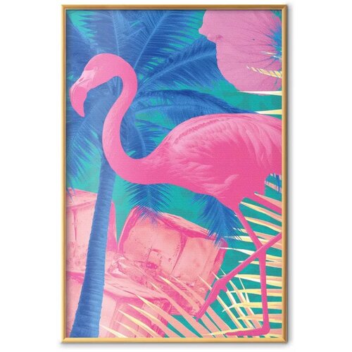  Plakat - Pink Flamingo - abstract flamingo against a background of palm trees and ice cubes 40x60 Zlatni okvir Slike