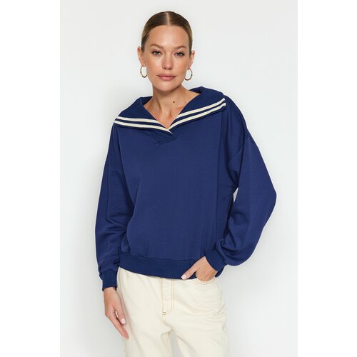 Trendyol Navy Blue Oversize/Wide Fit Sweater Collar Detailed Diagonal Knitted Sweatshirt Slike