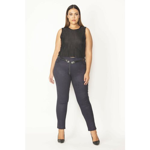 Şans Women's Plus Size Navy Blue Checkered Trousers with Belt Accessory Slike
