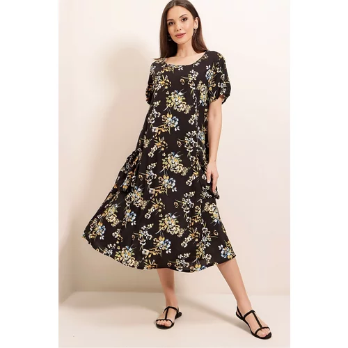 By Saygı Floral Pattern Elastic Pocket Oversized Viscose Dress Black