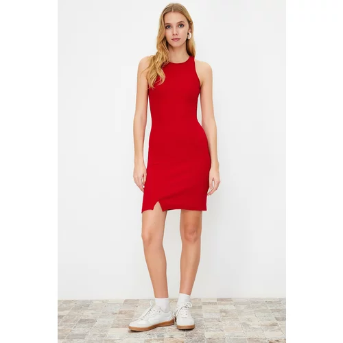 Trendyol Red Slit Detailed Fitted Halter Neck Mini Ribbed Stretchy Knitted Dress