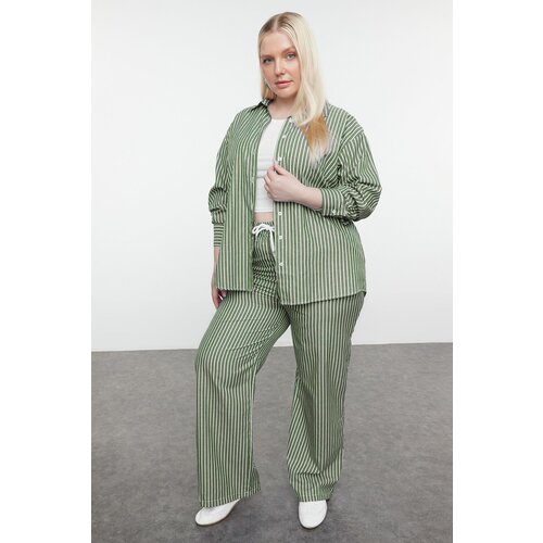 Trendyol Curve Khaki-White Flexible Waist Striped Woven Plus Size Shirt-Pants Bottom-Top Set Cene