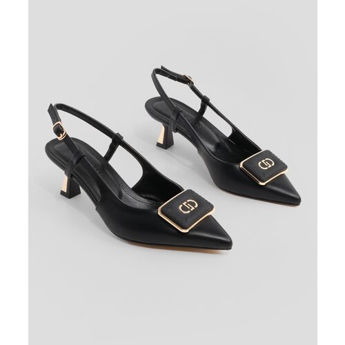 Marjin Women's Stiletto Pointed Toe Buckled Open Back Scarf Heel Shoes Lebir Black Slike