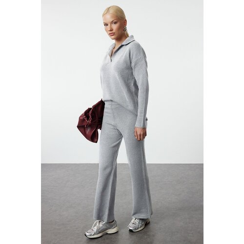 Trendyol Stone Polo Collar Soft Texture Knitwear Bottom-Top Set Slike