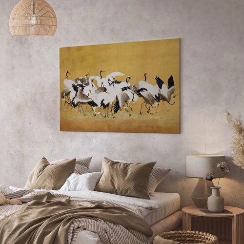 Slika - Japanese cranes - a flock of birds against a golden background based on a painting by Ishida Yūtei 120x80 Slike