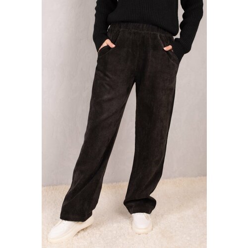 armonika Women's Black Elastic Waist Pocket Wide Leg Velvet Trousers Cene