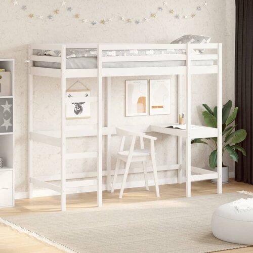  The Living Store Posteljni okvir z mizo bel 80x200 cm trdna borovina - Visoka Postelja, (21440362) Cene