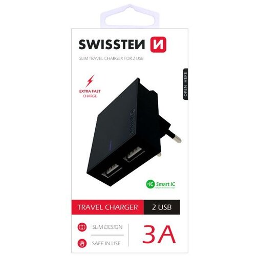 Swissten punjač za AC220, 2xUSB, 3.1A, SMART IC, držač, crni Slike