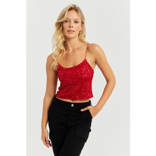 Cool & Sexy Women's Red Rope Strap Sequined Crop Blouse Slike
