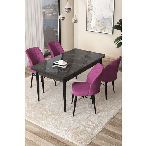 Hanah home Arp - Black Marble, Purple Black MarblePurple Dining Table & Chairs Set (5 Pieces) Cene
