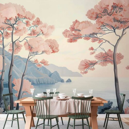  Foto tapeta - Landscape with the Ocean Cliffs and Trees in Delicate Pink Shades 450x315 Vodootporna Cene