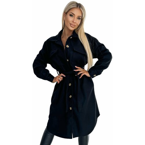 NUMOCO Warm women's coat with pockets, buttons and tie at the waist Slike