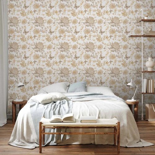  Tapeta - Beige flowers and butterflies on white background 49x1000 Slike