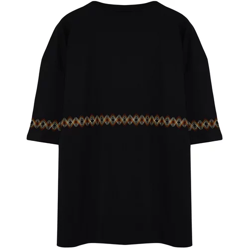 Trendyol Plus Size Men's Black Oversize/Wide Cut 100% Cotton Ethnic Embroidery Comfortable T-Shirt
