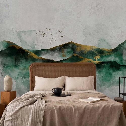  Foto tapeta - Abstract landscape - green mountains with golden patterns and birds 450x315 Premium Slike