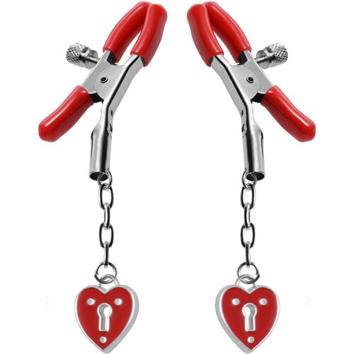 Master Series Crimson Tied Charmed Heart Padlock Nipple Clamps Red Cene