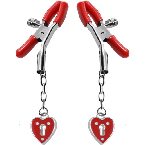 Master Series Crimson Tied Charmed Heart Padlock Nipple Clamps Red