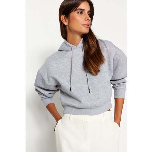 Trendyol Gray Melange Hooded Basic Knitted Sweatshirt with Fleece Fleece inside Cene