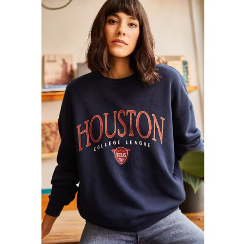 Olalook Women's Navy Blue Houston Printed Raised Sweatshirt Slike