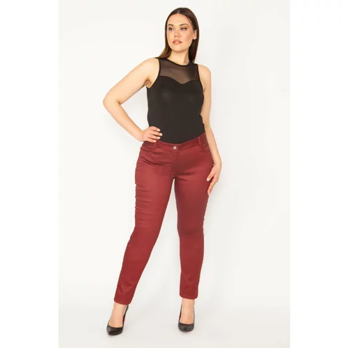 Şans Women's Plus Size Claret Red Plastered Gabardine Fabric 5-Pocket Lycra Trousers with a Leather Look.