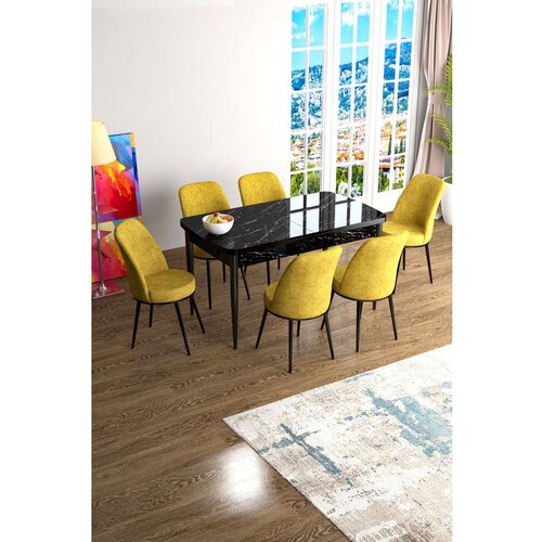 Hanah home Han - Black Marble, Mustard Black MarbleMustard Extendable Dining Table & Chairs Set (7 Pieces) Cene