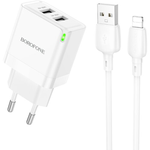  Punjač sa kablom 1m to iPhone/lightning BOROFONE BN15 Strong dual-port set white Slike