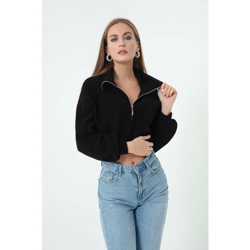 Lafaba Women's Black Zipper Crop Sweater