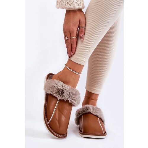 Kesi Women's Leather Slippers With Fur Brown Rossa Slike