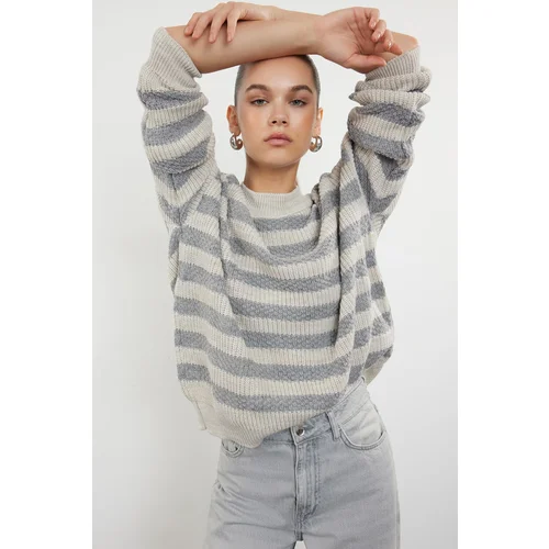 Trendyol Beige Wide Fit/Oversized Striped Knitwear Sweater