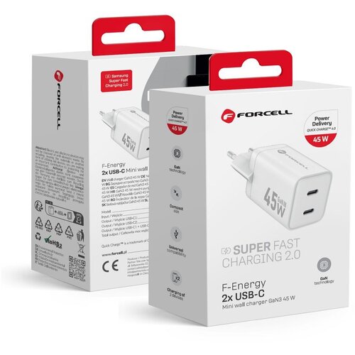 forcell Punjač za telefone F-Energy Mini GaN III 2 x USB C PD QC4.0 45W VT-36B bijeli Cijene