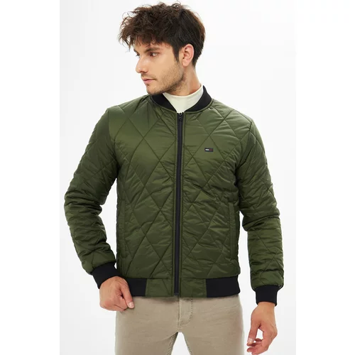 River Club Men's Khaki College Collar Water And Windproof Quilted Patterned Fiber Filled Coat