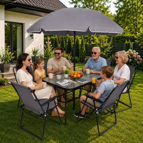 Lean Toys Vrtno pohi&amp;scaron;tvo, komplet miz, stolov, kovinskega senčnika za balkon, teraso in vrt Slike