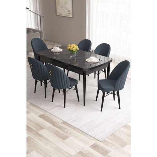 Hanah home Roz - Black Marble, Anthracite Black MarbleAnthracite Extendable Dining Table & Chairs Set (7 Pieces) Cene