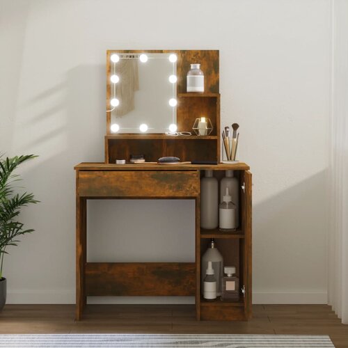 The Living Store Toaletna mizica z LED lučkami dimljeni hrast 86,5x35x136 cm - Toaletna Mizica, (21671094) Slike