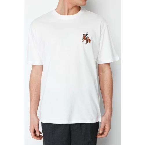 Trendyol Ecru Men's Relaxed/Comfortable Cut Horse/Animal Embroidered Short Sleeve 100% Cotton T-Shirt