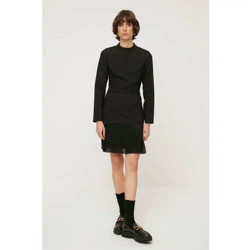 Trendyol Black Stand Up Collar Pleated Detailed Dress