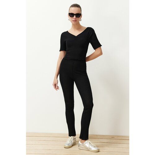 Trendyol Black V-Neck Gather Detailed Ribbed Stretchy Knitted Blouse and Trousers Bottom-Top Set Cene